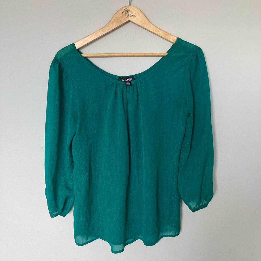 A Byer Teal Blue Medium Blouse Top with Bow Feature on the Back
